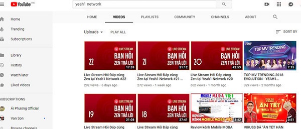 Một số kênh thuộc Yeah1 Network trên YouTube. Ảnh chụp màn hình