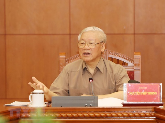 Tổng Bí thư, Chủ tịch nước Nguyễn Phú Trọng, Trưởng Ban Chỉ đạo phát biểu kết luận cuộc họp. (Ảnh: Trí Dũng/TTXVN)