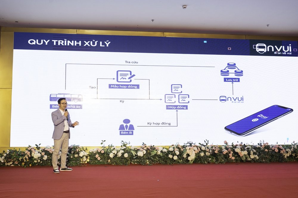 Ông Phan Bá Mạnh, CEO Anvui giới thiệu nền tảng hợp đồng điện tử cho doanh nghiệp vận tải.