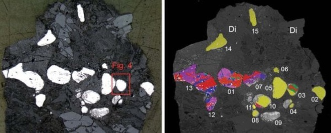 Hình ảnh tổng thể của một mẫu từ lưu vực Hatrurim. Bên trái: Mặt cắt được đánh bóng thể hiện các hạt allabogdanite và barringerit (đá cuội trắng). Bên phải: Cùng một đoạn hiển thị các hạt allabogdanite (hỗn hợp nhiều màu) và barringerit (vàng).
