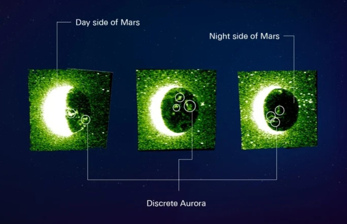 Các vùng có cực quan phân tán khắp phía đêm tối Sao Hỏa - Ảnh: Cơ quan Vũ trụ UAE