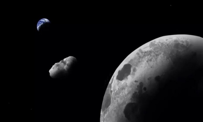Mô phỏng tiểu hành tinh Kamo`oalewa bay gần Mặt Trăng và Trái Đất. Ảnh: Addy Graham/Đại học Arizona