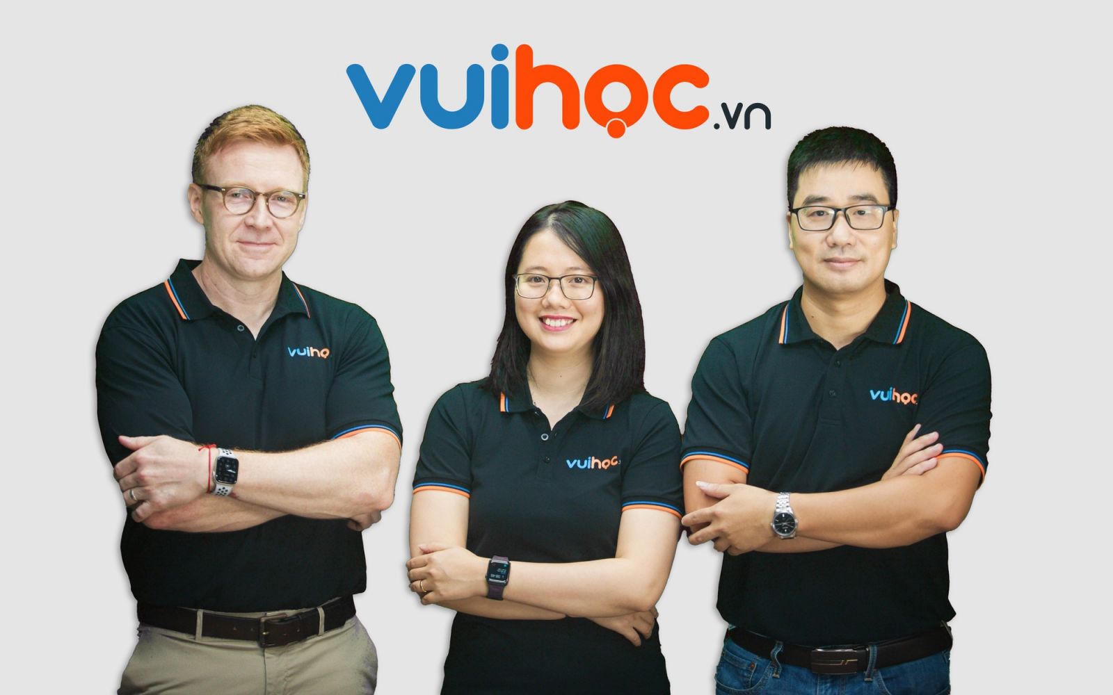 Đội ngũ lãnh đạo startup, từ phải qua, Giám đốc Travis Richard Stewart, COO Thu Đỗ và CEO Lâm Đỗ. Ảnh: VUIHOC