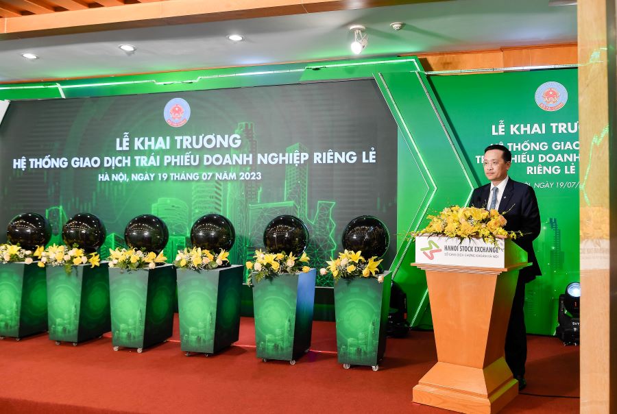 Chủ tịch HĐQT Vietcombank Phạm Quang Dũng phát biểu tại Lễ khai trương hệ thống giao dịch trái phiếu doanh nghiệp riêng lẻ