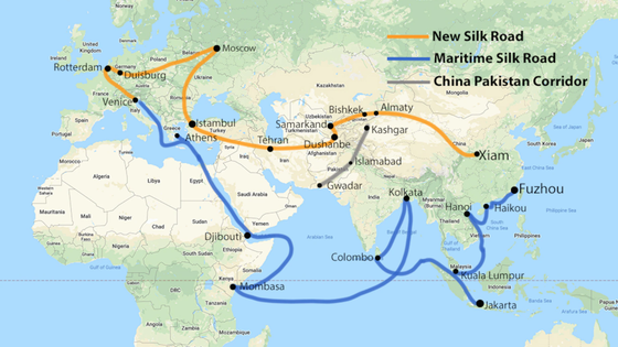 p/Màu vàng là Con đường tơ lụa mới, màu xanh là Con đường tơ lụa trên biển, màu xám là Hành lang kinh tế Trung Quốc–Pakistan. Ảnh: FOX News 