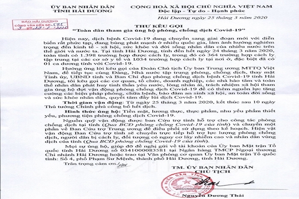 Hải Dương: Chủ tịch tỉnh gửi thư kêu gọi toàn dân chống COVID-19