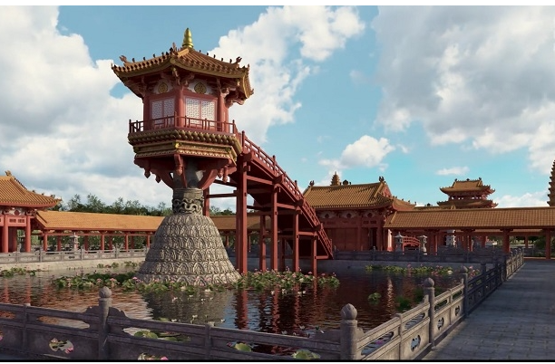 Hình ảnh phục dựng 3D của chùa Một Cột thời Lý của nhóm Sen Heritage. Nguồn: Sen Heritage.