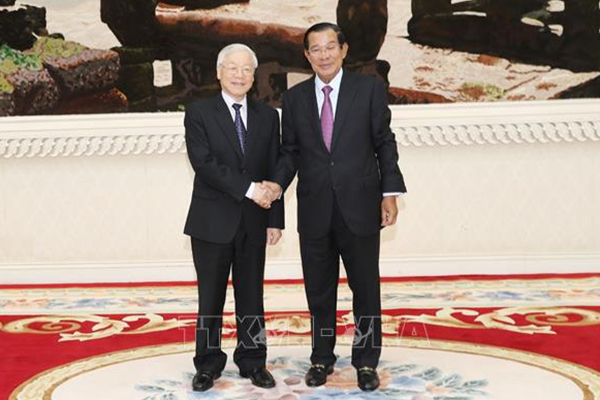 Thủ tướng Hun Sen bày tỏ vui mừng được đón Tổng Bí thư, Chủ tịch nước Nguyễn Phú Trọng thăm cấp Nhà nước Campuchia. Ảnh: TTXVN