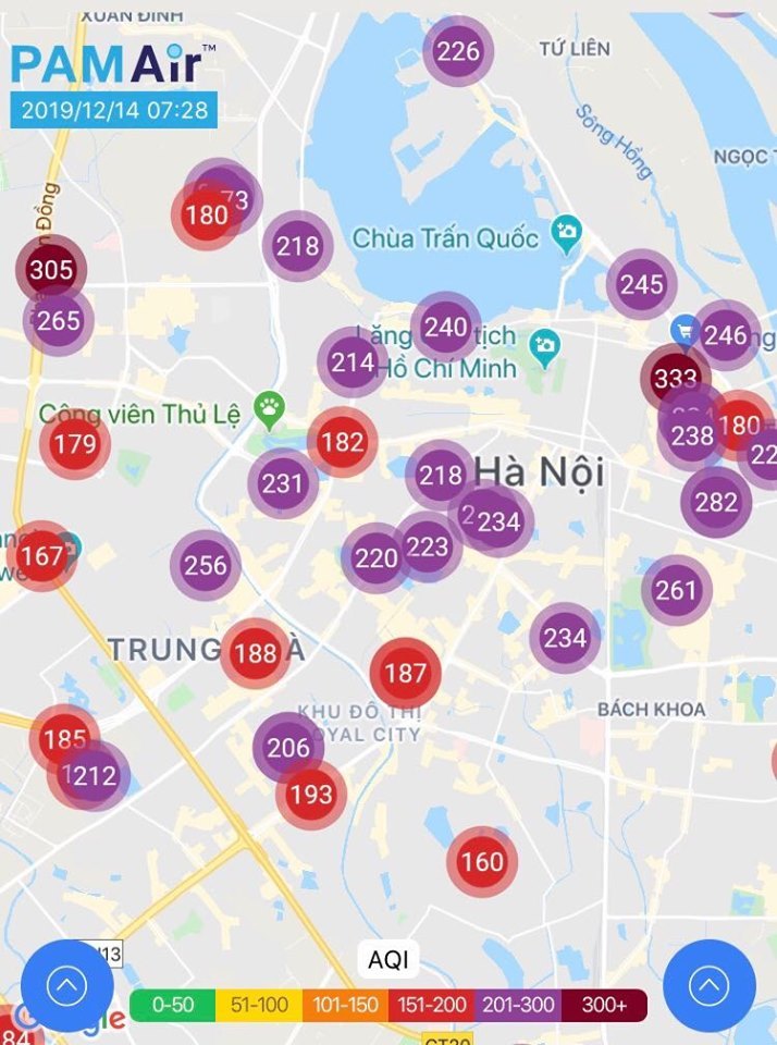 Hệ thống quan trắc PAMAir ghi nhận nhiều điểm tại Hà Nội lên tới mức ô nhiễm nâu