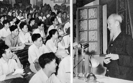 Bác Hồ nói chuyện với học viên Lớp bồi dưỡng đảng viên mớip/do Đảng bộ thành phố Hà Nội tổ chức năm 1966. (Ảnh tư liệu)