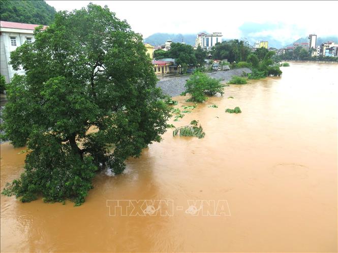 Mực nước sông Lô khu vực thành phố Hà Giang dâng cao gây ngập lụt cục bộ vũng trũng thấp. 
