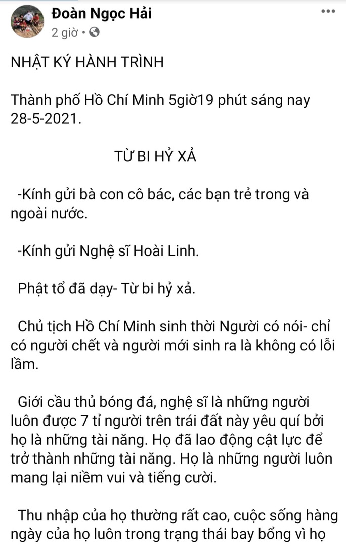 Nội dung bức tâm thư của ông Đoàn Ngọc Hải viết cho nghệ sĩ Hoài Linh. Ảnh cắt từ Facebook