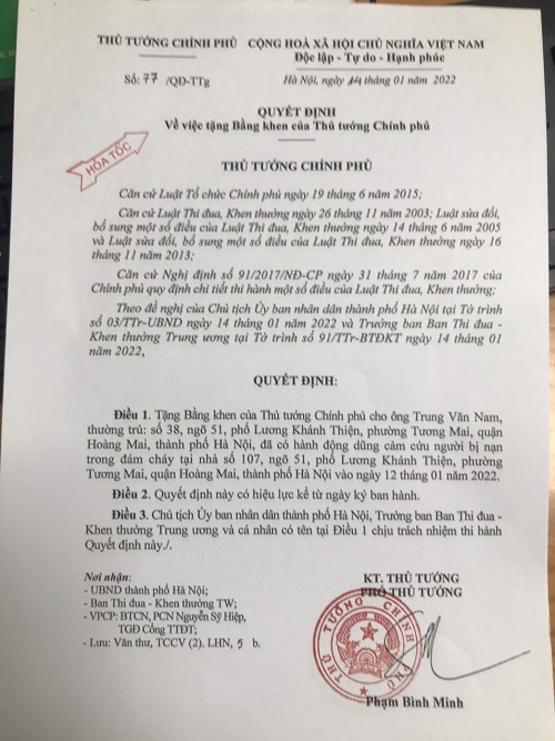 Quyết định số 77/QĐ-TTg về việc tặng Bằng khen của Thủ tướng Chính phủ cho anh Trung Văn Nam.
