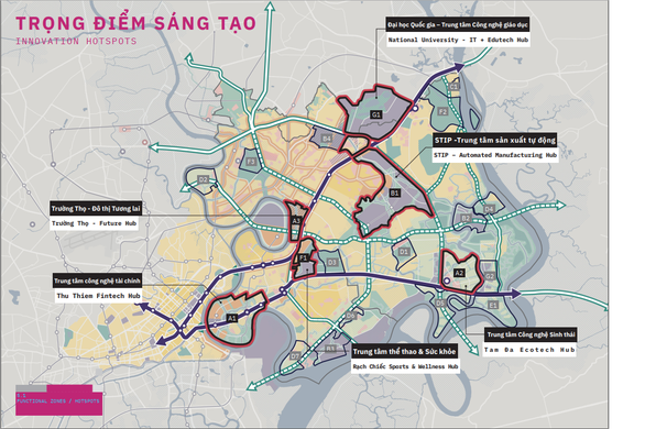 Bản đồ về 6 trọng điểm sáng tạo của Khu đô thị sáng tạo, tương tác cao phía Đông TP.HCM