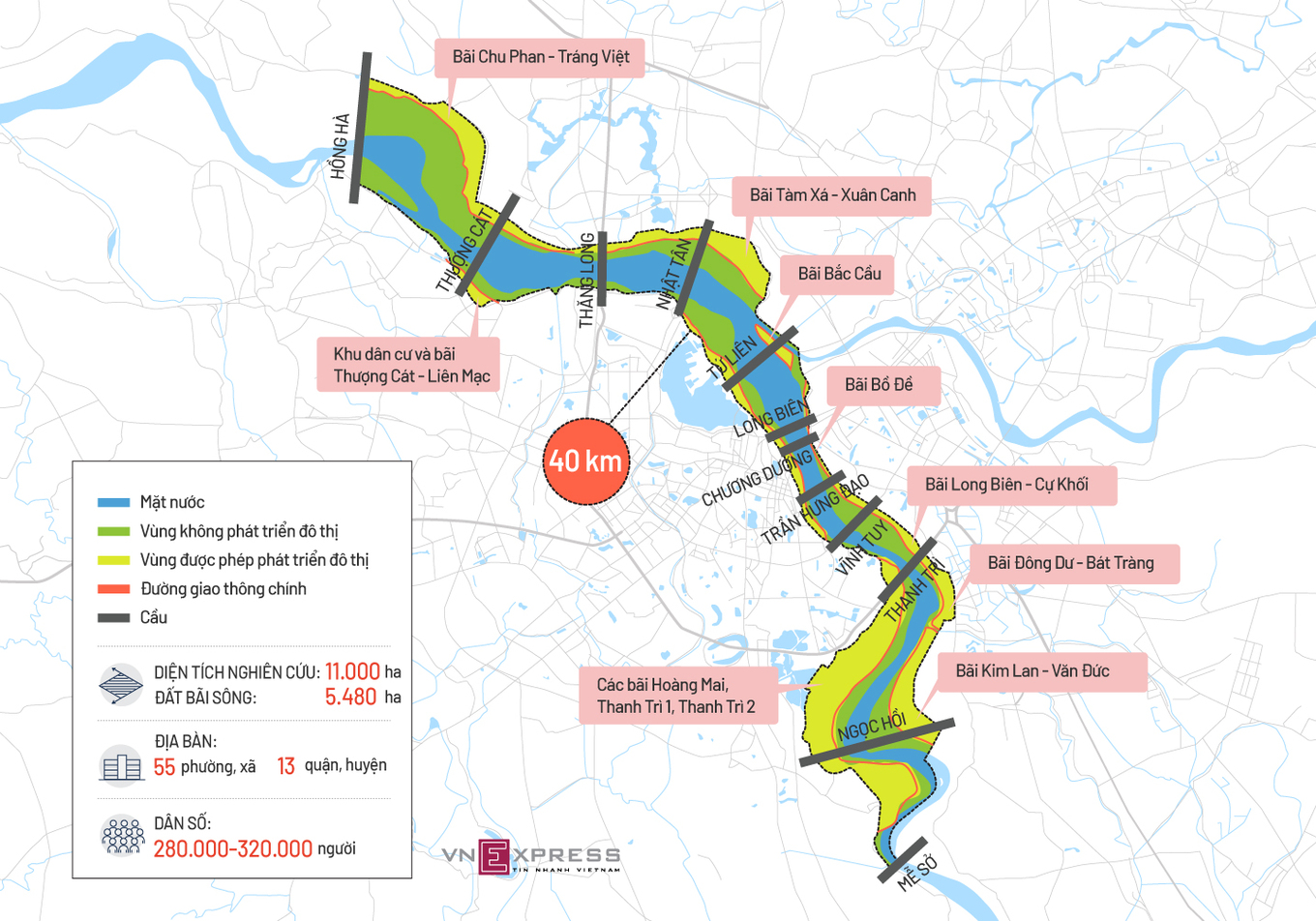 Bản đồ vị trí các bãi sông Hồng trong khu vực quy hoạch