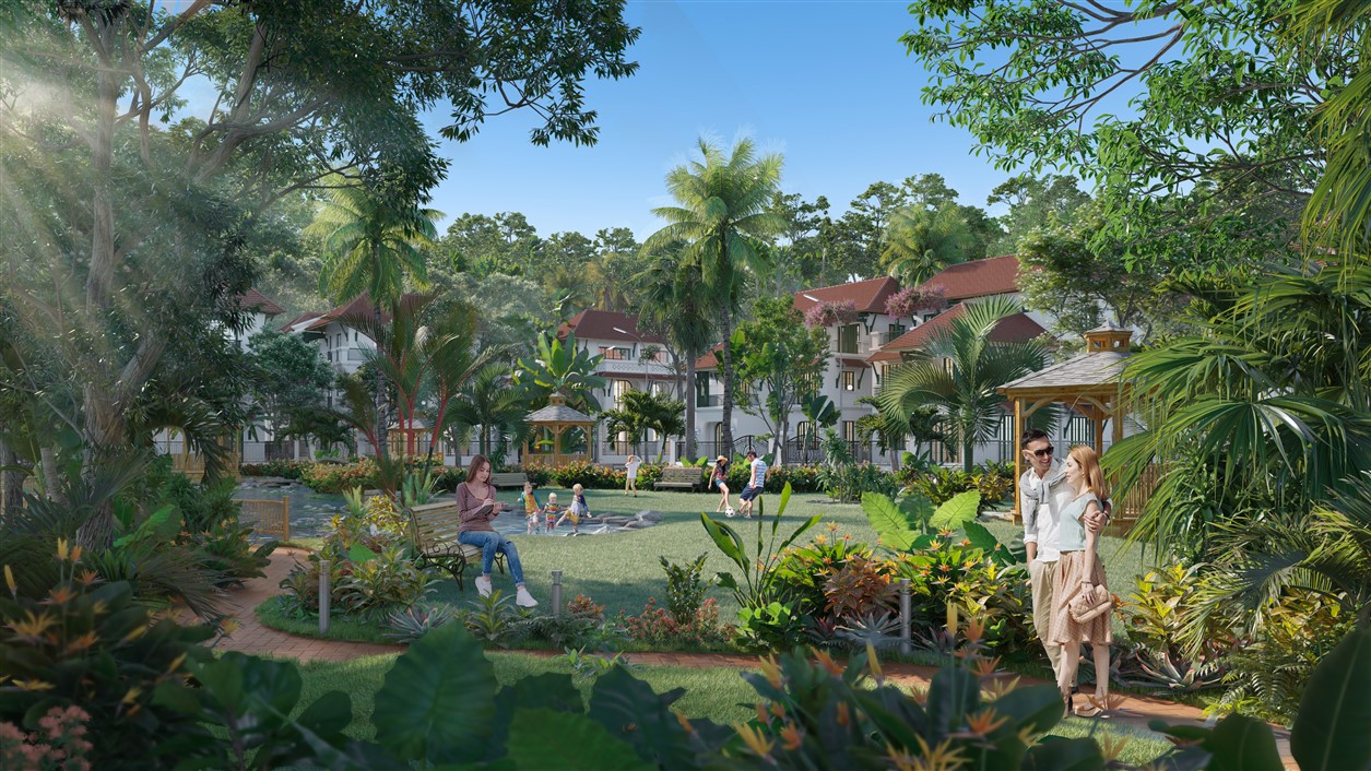 Không gian xanh cùng hệ thống tiện ích wellness là điểm nhấn ấn tượng của Sun Tropical Village. (Ảnh phối cảnh minh họa)