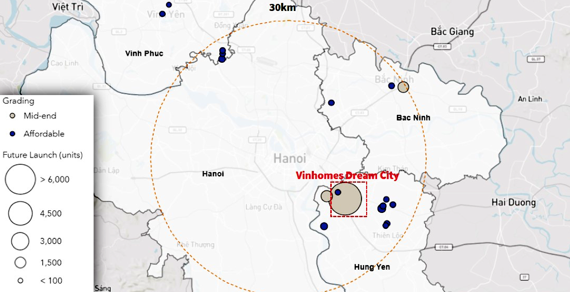 Nguồn cung căn hộ trong tương lai tại khu vực Hà Nội mở rộng (2H21 - 2024) Nguồn: JLL Việt Nam, MapIT