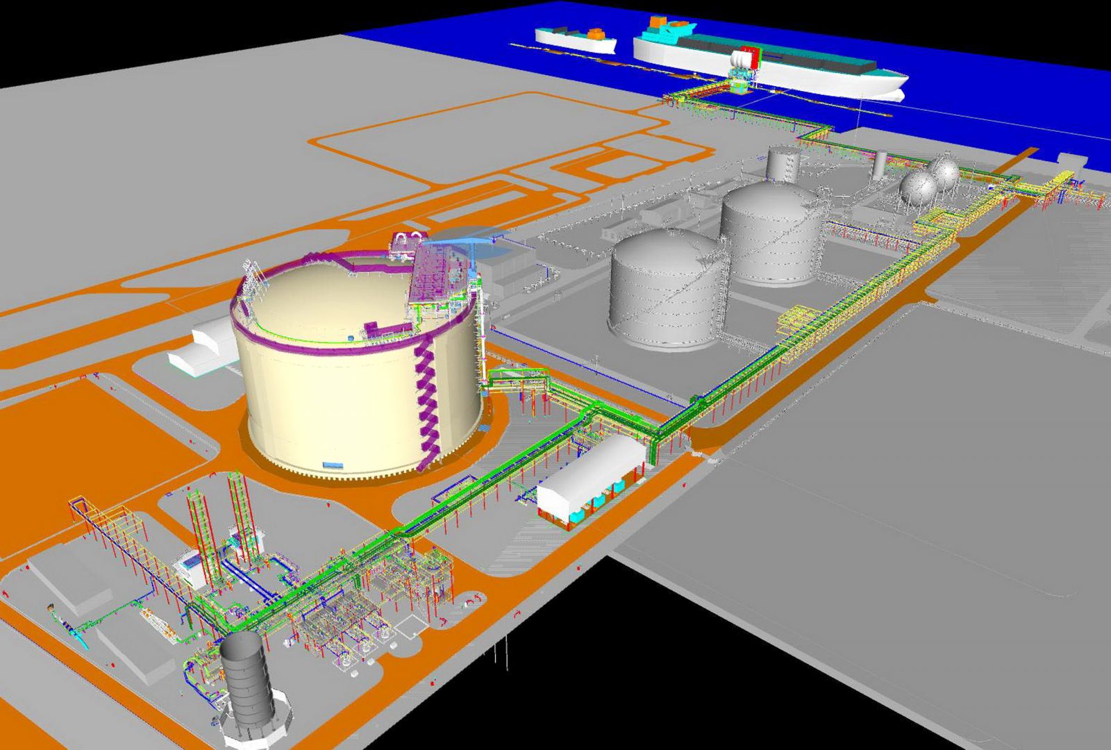 Hình ảnh mô phỏng “con đường LNG” từ tàu cập cảng vào Kho chứa LNG Thị Vải theo hệ thống ống dẫn chuyên dụng và được kiểm soát an toàn, hiệu quả