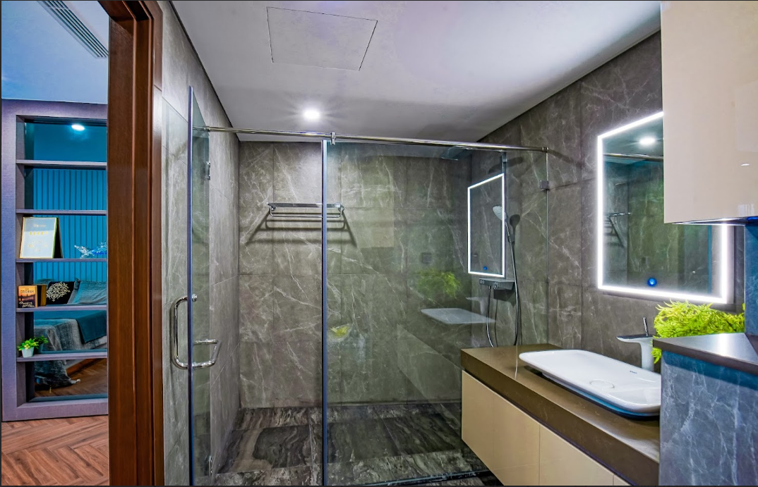 Khu vực phòng tắm căn hộ với các trang thiết bị liền tường cao cấp, được nhập khẩu nguyên chiếc từ các thương hiệu nổi tiếng châu Âu như: Duravit, Kohler….