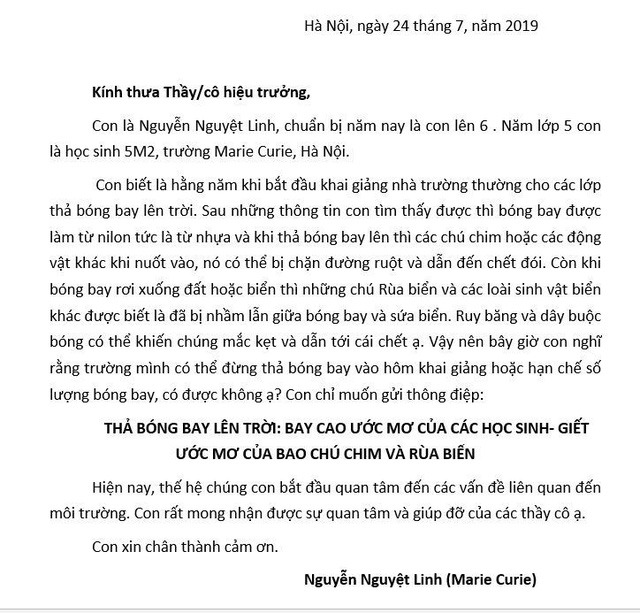 Bức thư em Nguyễn Nguyệt Linh gửi tới các trường học ở Hà Nội.