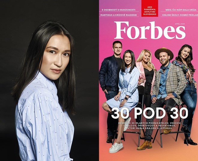 Thảo Hương trên tạp chí Forbes (váy xanh)