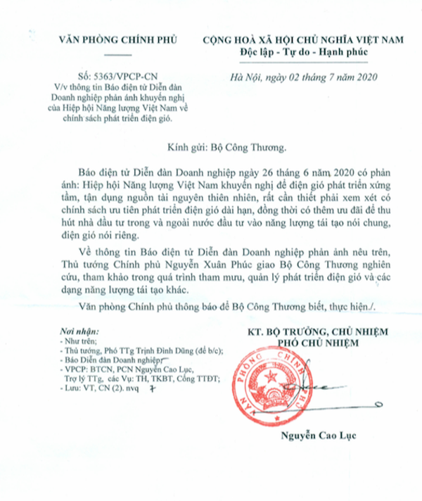 văn bản số 5363/VPCP-CN truyền đạt ý kiến chỉ đạo của Thủ tướng Chính phủ Nguyễn Xuân Phúc 