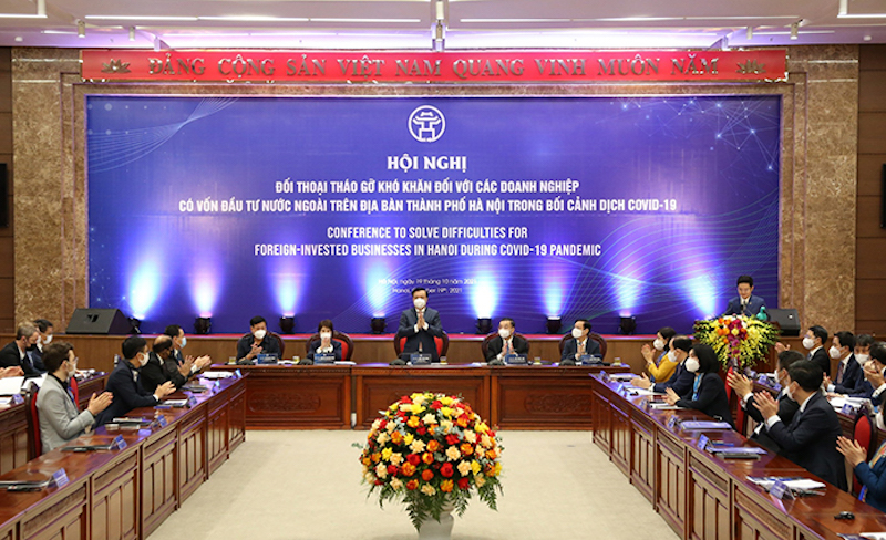 Hội nghị “Đối thoại tháo gỡ khó khăn đối với các doanh nghiệp có vốn đầu tư nước ngoài trên địa bàn thành phố Hà Nội trong bối cảnh dịch Covid-19”