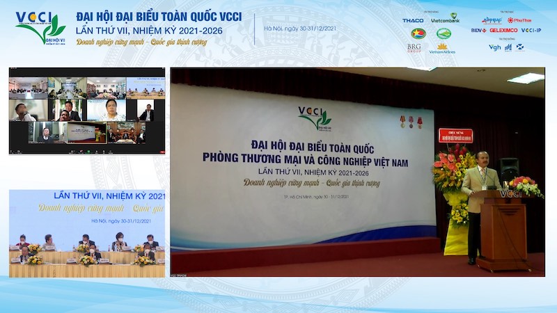  ông Võ Quốc Thắng, Chủ tịch Hiệp hội doanh nghiệp tỉnh Long An tham luận qua đầu cầu trực tuyến.