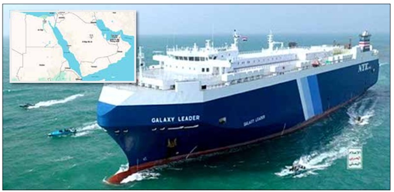 Tàu chở hàng Galaxy Leader treo cờ Bahamas bị các tàu của Houthi áp sát trên Biển Đỏ. Ảnh: REUTERS, GOOGLE MAP