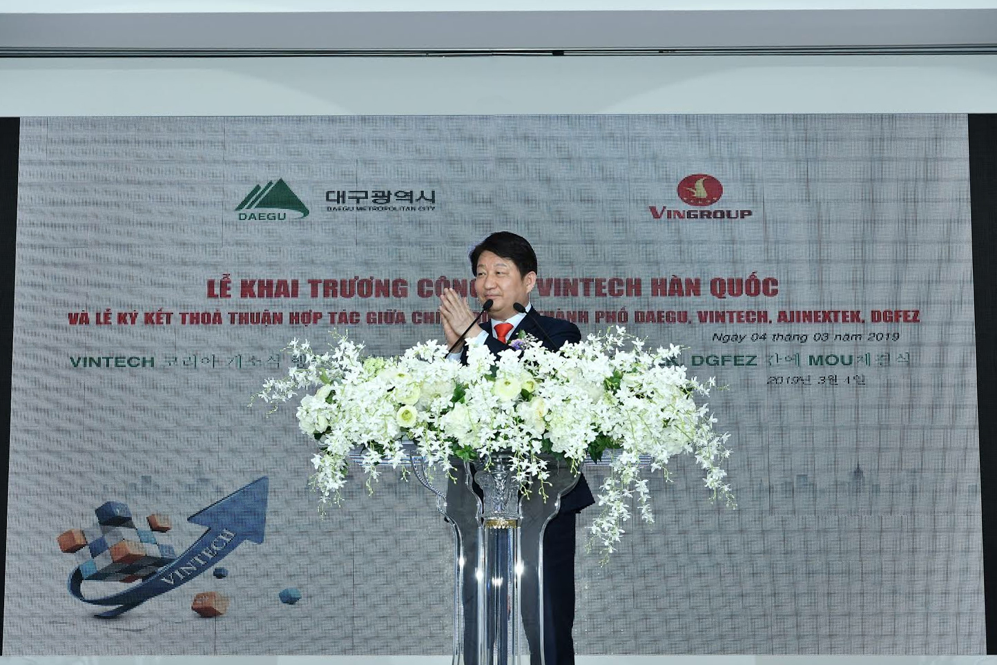 Ông Kwon Young-jin - Thị trưởng thành phố Daegu, Hàn Quốc phát biểu tại sự kiện khai trương Công ty VinTech Hàn Quốc ngày 4/3