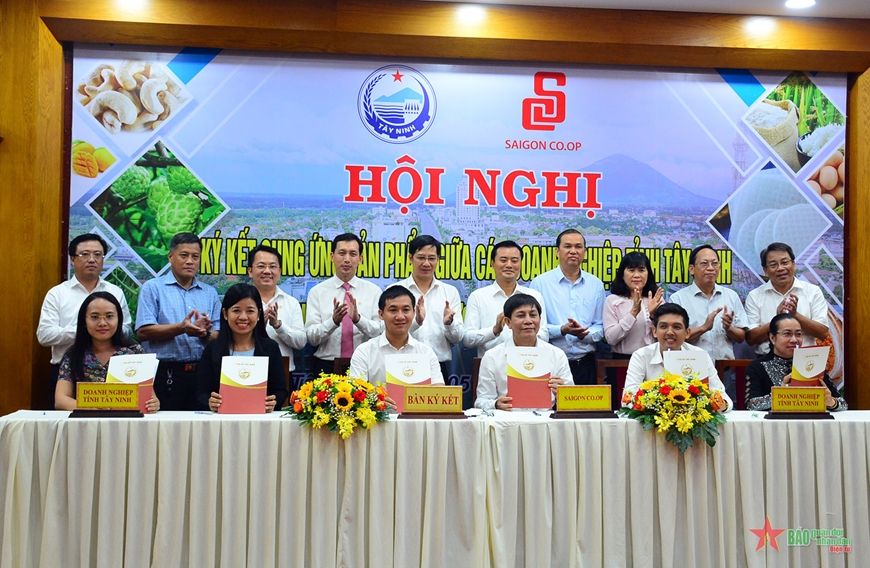 Đại diện các tổ chức, cá nhân, doanh nghiệp tại Tây Ninh ký kết biên bản ghi nhớ hợp tác về tiêu thụ các sản phẩm OCOP với Saigon Co.op