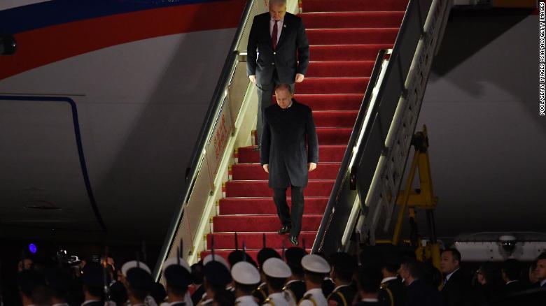 Russia's President Vladimir Putin arrives at Beijing airport ahead of the Belt and Road Forum in the Chinese capital on April 25.