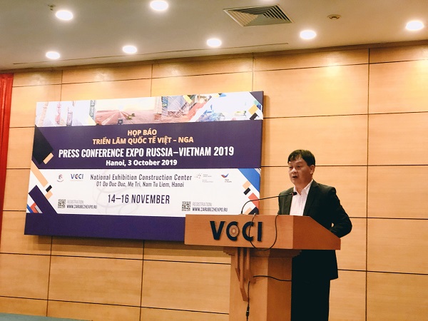 Ông Nguyễn Tuấn Hải, Trưởng ban Quan hệ Quốc tế (VCCI) tại buổi Họp báo Triển lãm Quốc tế Việt - Nga 2019