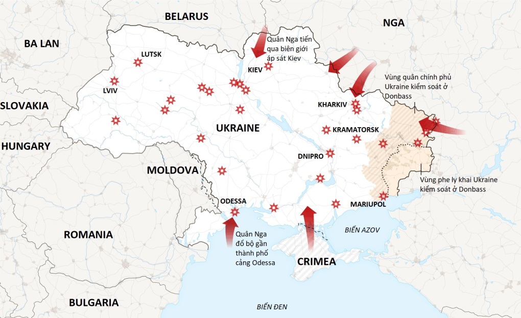 Các mũi quân Nga tiến vào Ukraine. Đồ họa: NY Times