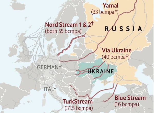 Mạng lưới đường ống dẫn khí đốt từ Nga sang châu Âu. Nguồn: The Economist