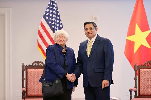 Bộ trưởng Tài chính Janet Yellen và Thủ tướng Phạm Minh Chính trong cuộc gặp ngày 11/5, tại Washington. Ảnh: 