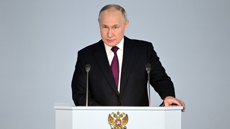 Thổng thống Nga Putin đọc Thông điệp Liên bang ngày 21/2. Nguồn: TASS