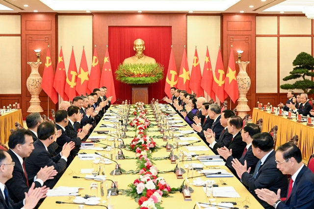 Tổng Bí thư Nguyễn Phú Trọng và Tổng Bí thư, Chủ tịch nước Trung Quốc Tập Cận Bình chủ trì hội đàm - Ảnh: VGP