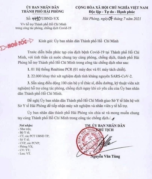 Công văn của Chủ tịch UBND TP Hải Phòng gửi TP Hồ Chí Minh 