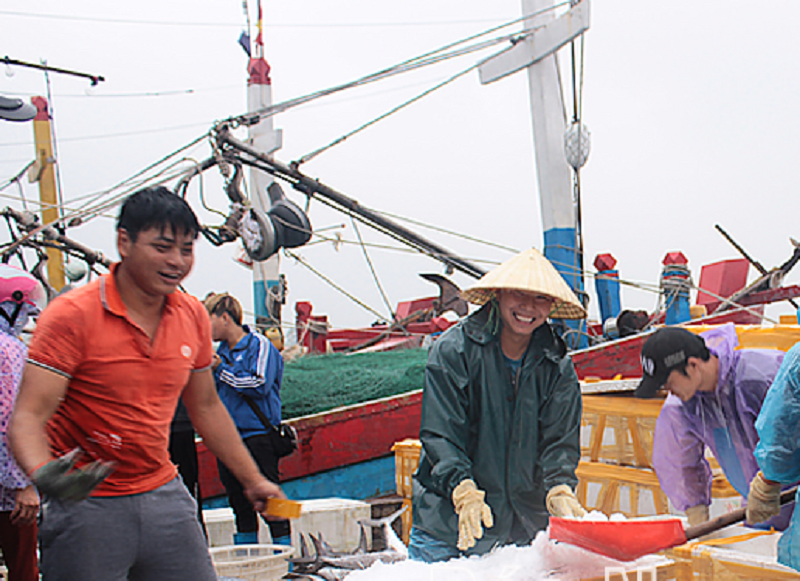 Ngư dân sử dụng đá và thùng xốp để bảo quản thủy, hải sản sau khi khai thác dài ngày về cảng cá Ninh Cơ, thị trấn Thịnh Long (ảnh báo Nam Định)