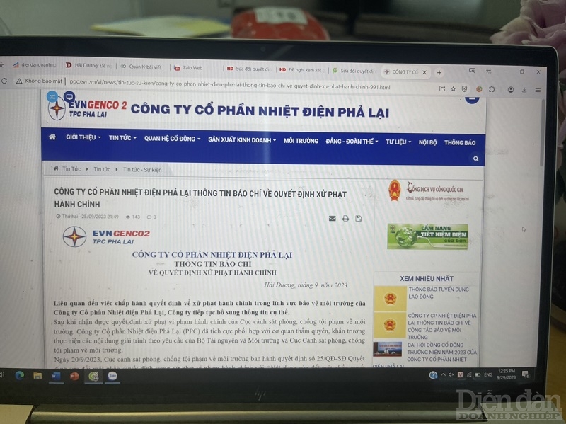 Thông tin báo chí của Nhiệt điện Phả Lại trên trang web của công ty