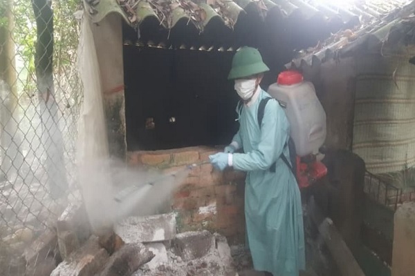 Phun thuốc tiêu độc, khử trùng phòng chống dịch tả lợn châu Phi tại xã Lô Giang, huyện Đông Hưng