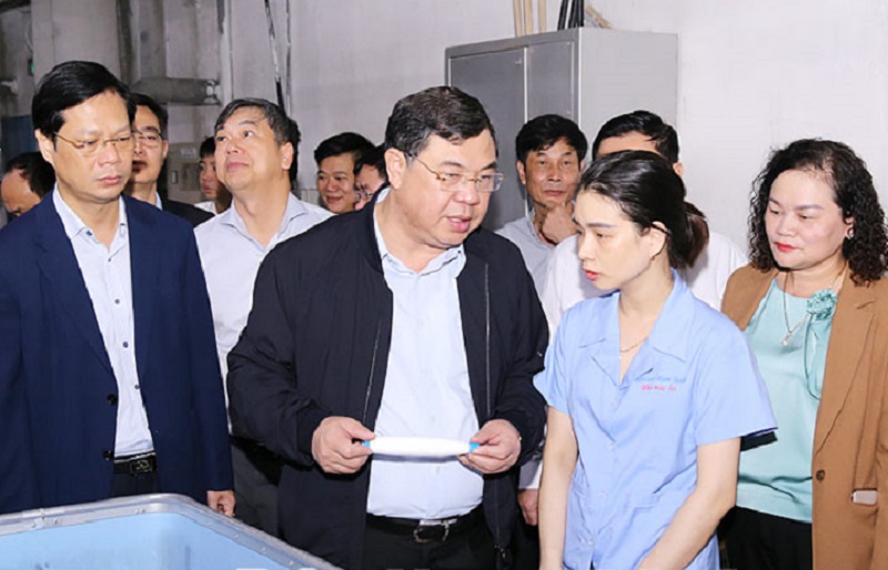 Lãnh đạo tỉnh Nam Định thăm, khảo sát tình hình sản xuất thực tế tại xưởng của Tổng Công ty Cổ phần dệt may Nam Định (Ảnh: Báo Nam Định)