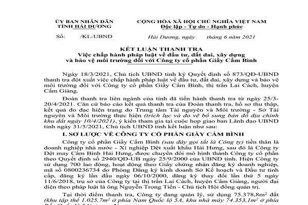 kết luận Thanh tra 18/6/2021 do ông Nguyễn Dương Thái - nguyên Chủ tịch UBND tỉnh Hải Dương ký