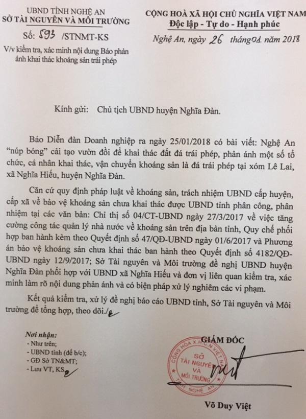Văn bản chỉ đạo UBND huyện Nghĩa Đàn vào cuộc xác minh sự việc khai thác đá trái phép diễn ra ở xóm Lê Lai, xã Nghĩa Hiếu