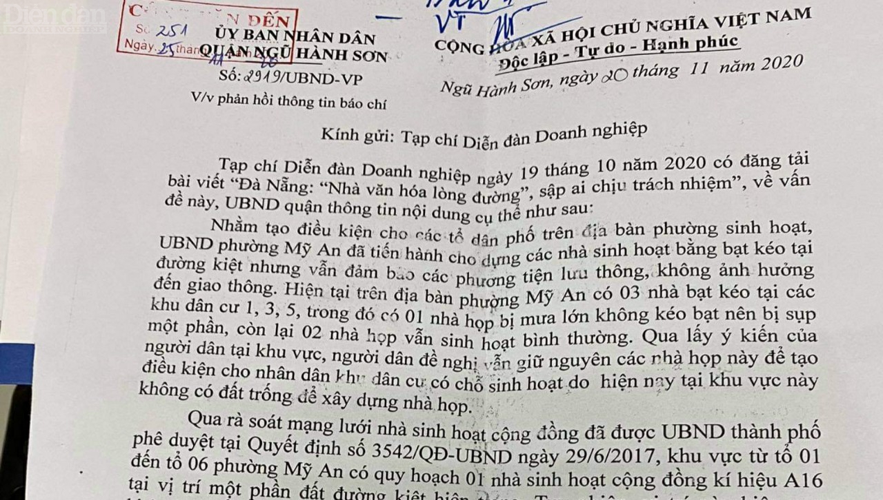 UBND quận Ngũ Hành Sơn có văn bản phản hồi gửi Diễn đàn Doanh nghiệp ngay sau thông tin phản ánh về việc dựng nhà bạt giữa lòng đường để sinh hoạt cộng đồng.