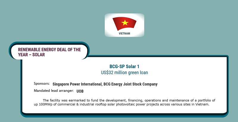 The Asset vinh danh việc UOB giải ngân 31,5 triệu USD cho BCG – SP Solar 1 là Thương vụ năng lượng tái tạo của năm tại Việt Nam