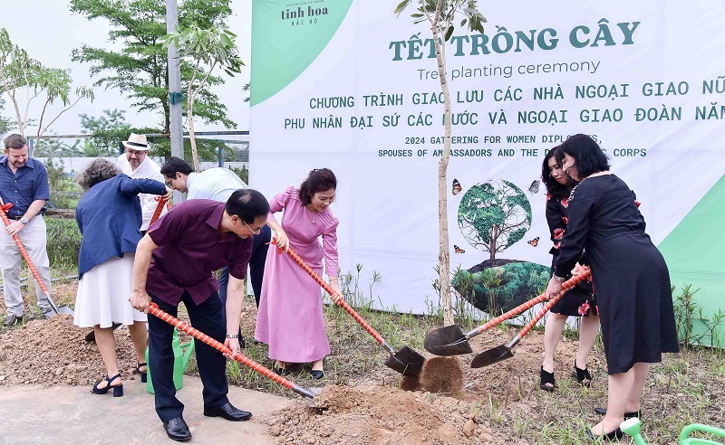 Các nhà ngoại giao tham gia trồng cây tại khu Vườn Ngoại giao. 