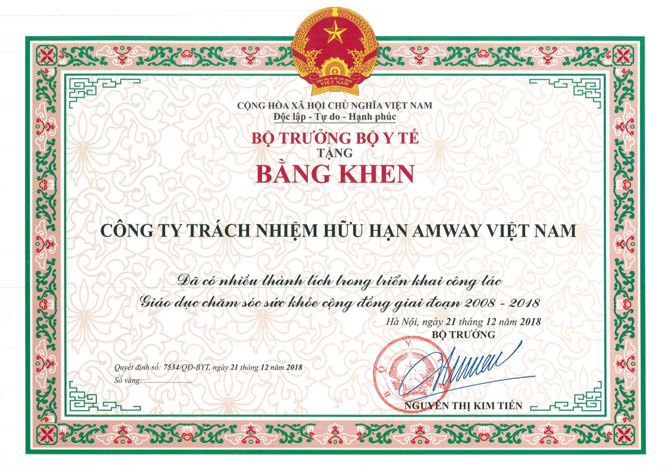 Amway Việt Nam được Bộ Y tế cấp bằng từ năm 2008 – 2018. 