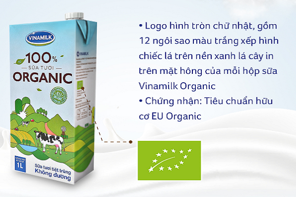 Cách nhận diện logo tiêu chuẩn hữu cơ Châu Âu trên hộp sữa tươi organic của Vinamilk.